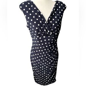 Lauren, Ralph Lauren, Navy With White Polka Dots Faux Wrap Dress, Size 10